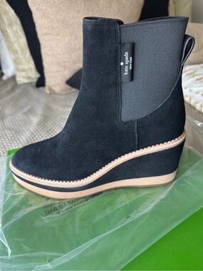 kate spade Black Suede Wedge Ankle Boot with Tan Trim